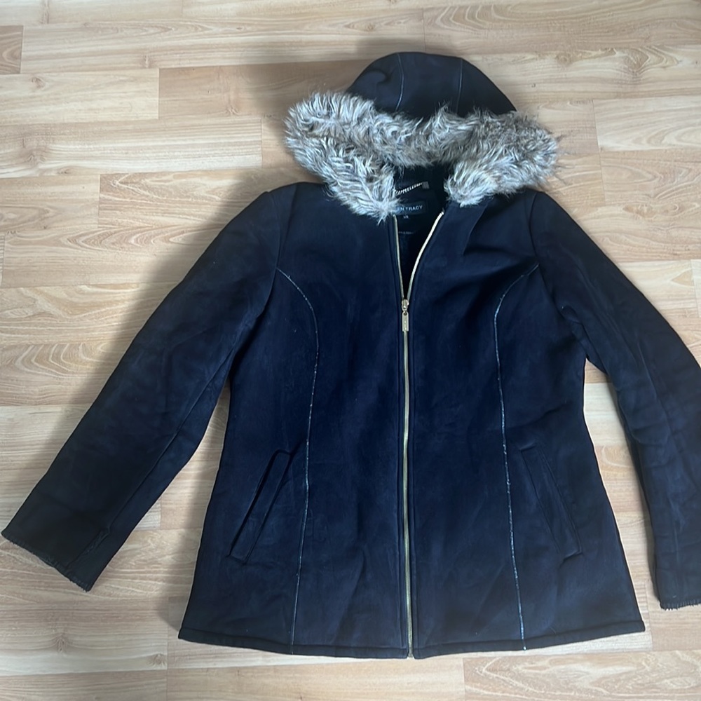 Ellen Tracy Faux Suede & Fur Hooded Coat - Picture 2 of 15